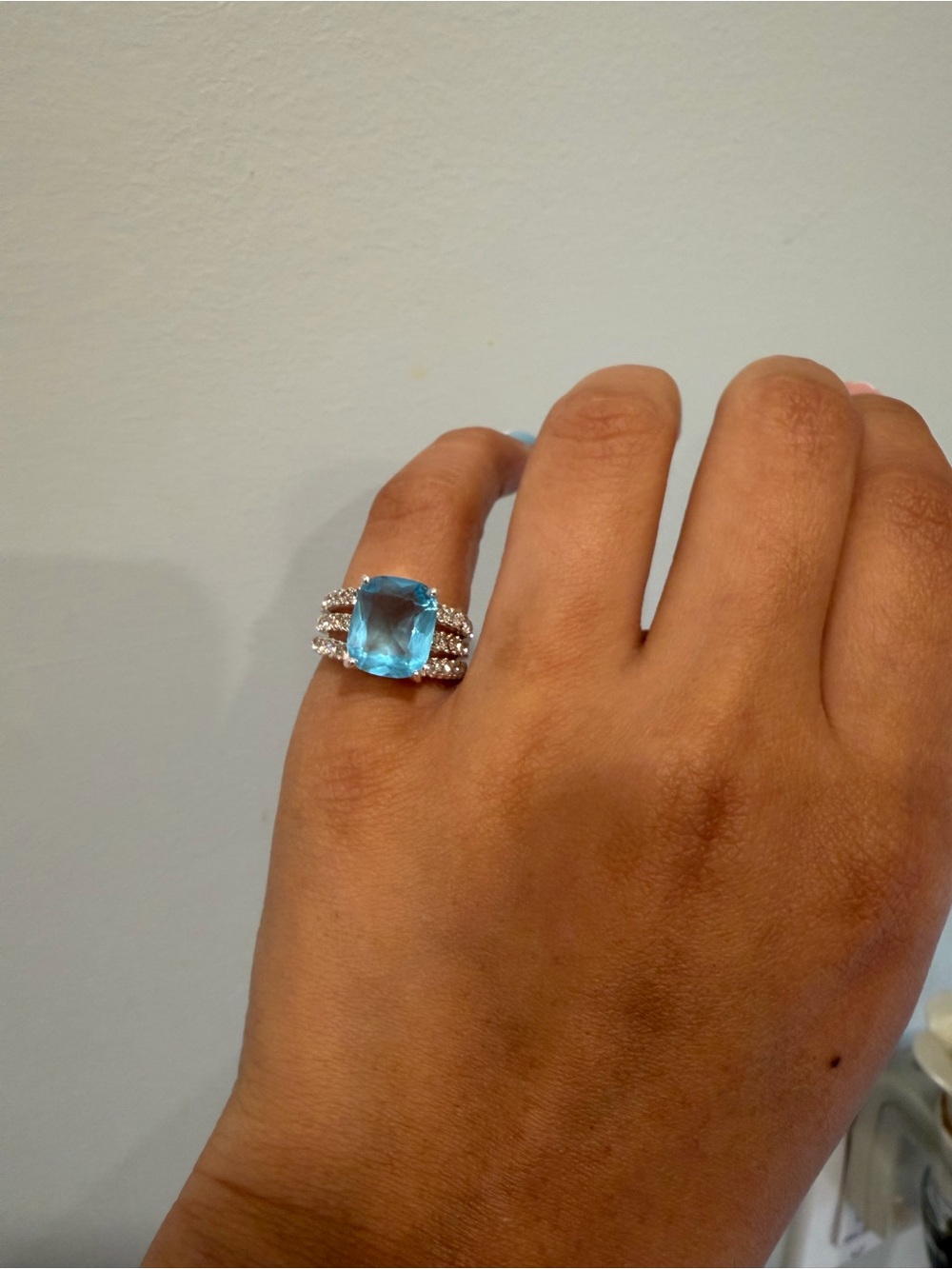 Stainless Steel Blue Swarovski Crystal and Halo Ring - Size 6